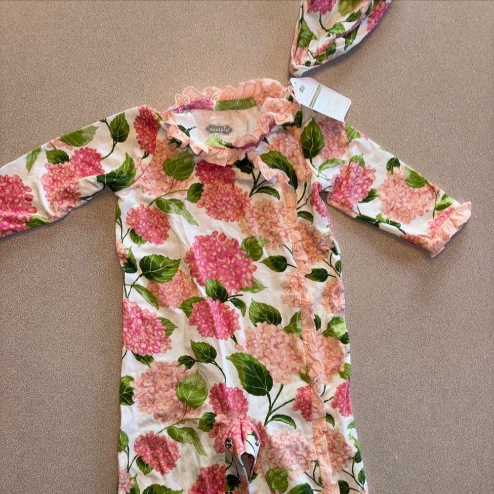 Mud Pie Girls 0-3 Months Pink and Green Floral Snap Button Up One Piece NWT